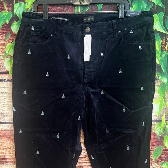 Talbots Velveteen Straight Leg Pants 16P Petite Christmas Critters Trees Blue - Picture 3 of 6